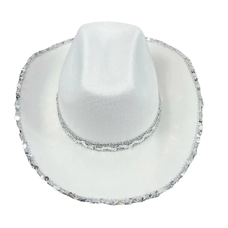 Women Vintage Western Black Cowboy Hats Shiny Sequined Wide Brim Thick Cap for Club Party Outdoor Camping Riding Sun Protection
