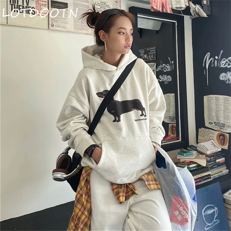 

LOTDOOTN Loose Casual Hoodie Women's Streetwear Sausage Dog Print Sweatirt Autumn Winter New Sle Comfortable Harajuku Outerwear