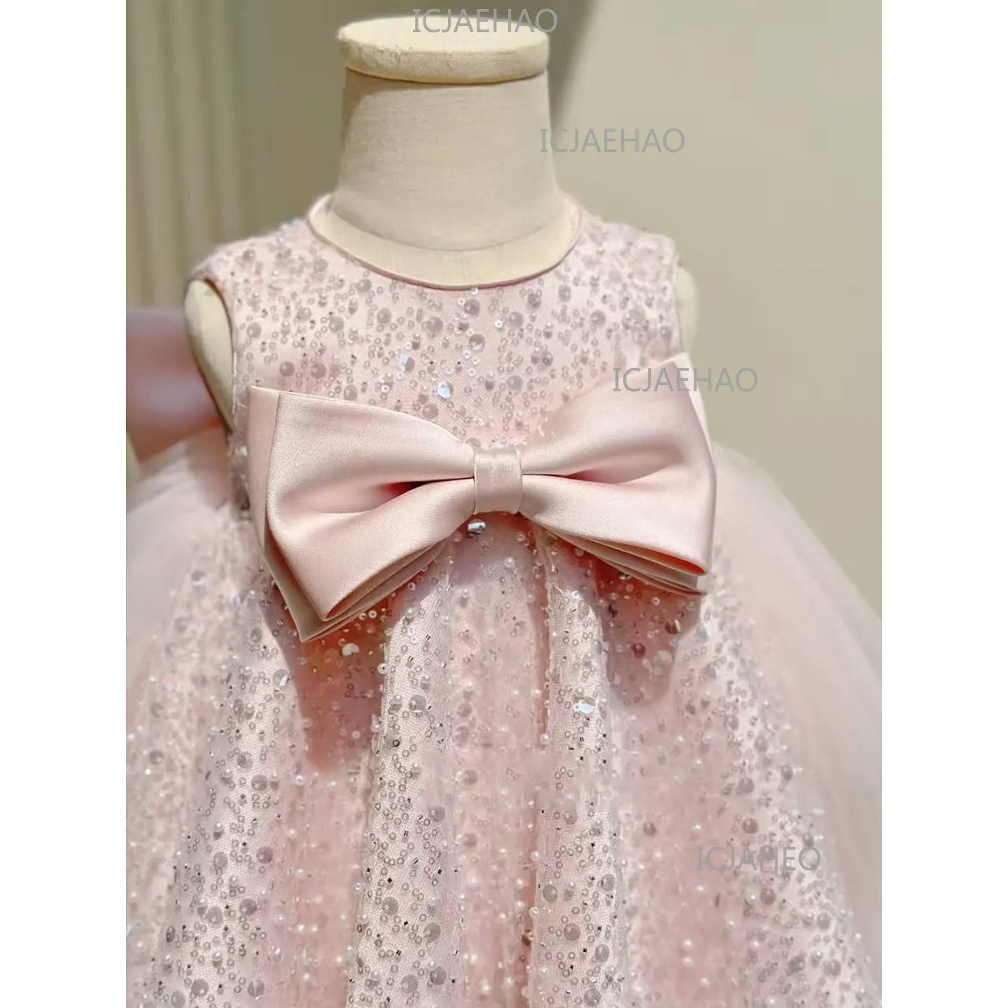 Girls Birthday Princess Dress, Gorgeous Kids Formal Party Dress  Pink Costume Sequin Puffy Tulle Short Gown, Fashion Bow Decor