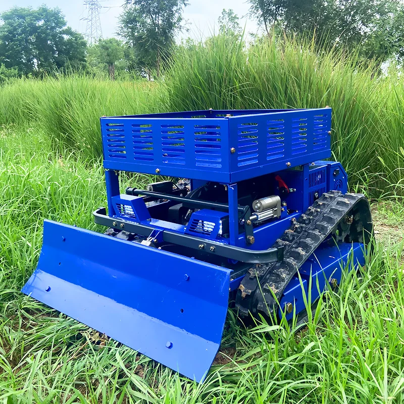 Robot cortacésped con control remoto para cortar césped todo terreno con estante y pala para nieve