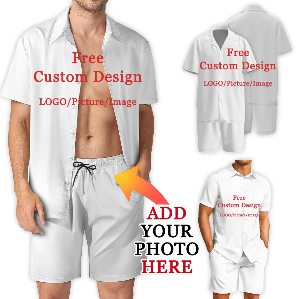 

Мужская гавайская рубашка с индивидуальным рисунком/логотипом, комплект летних пляжных шорт, комплект с полным принтом, дизайн изображения, индивидуальный подарок на пуговицах