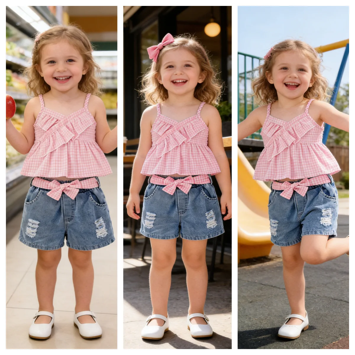 Summer Toddler Girls Fashion Outfit, Korean Style Irregular Plaid Cami Top with Ripped Jean Shorts 2PCS Set for 3-7Y