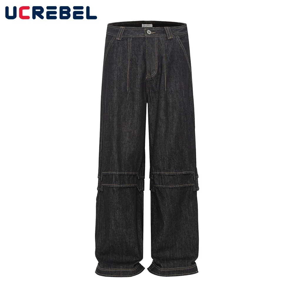 

Spliced Top Stitch Jeans Mens Washed Black High Street Loose Straight Wide Leg Denim Pants Men Trousers