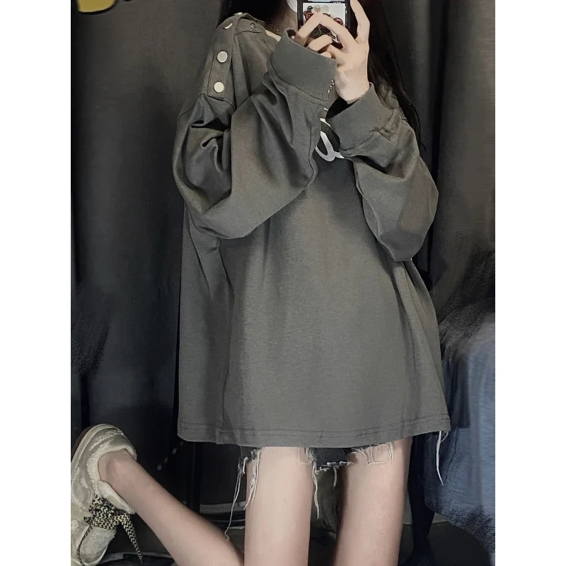 Vintage Off Shoulder Button T Shirt Tops Long Sleeve Solid Loose All-match Street Casual Hoodie Korean Fashion Women Clothing