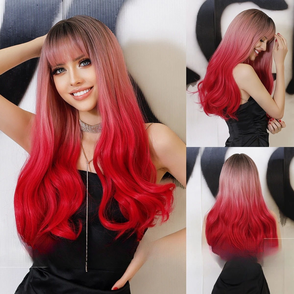 

European and American wigs, pink long curly wigs, natural full headgear, fish meal bangs, long hair, fashionable wig cover