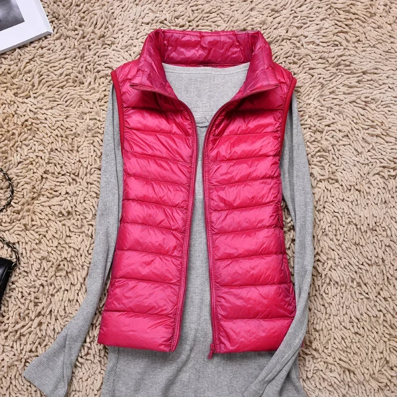 2025년 신상 여성용 90% 화이트 덕다운 베스트 여성용 초경량 덕다운 베스트 자켓 하이 칼라 민소매 코트 조끼 휴대용
