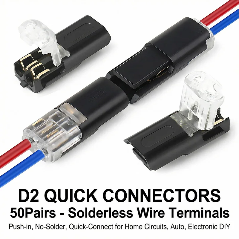 50 Pairs 2 Pin Solderless LED Wire Connector, Insulation Piercing Strip-Free Quick Plug Terminal for LED Light Cable Connection