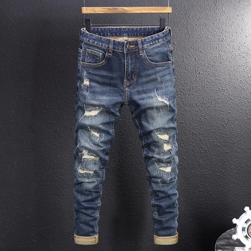 

Italian designer's fashionable new high-quality embroidered jeans, scratch elastic slim fit retro deep blue men's jeans Hombre