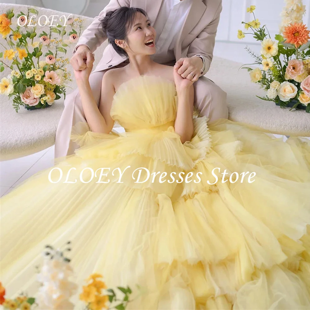 OLOEY Princess Yellow Wedding Dresses A-line Strapless Tiered Tulle Bridal Gown Customized Lace-up Korea Photo Shoot Party