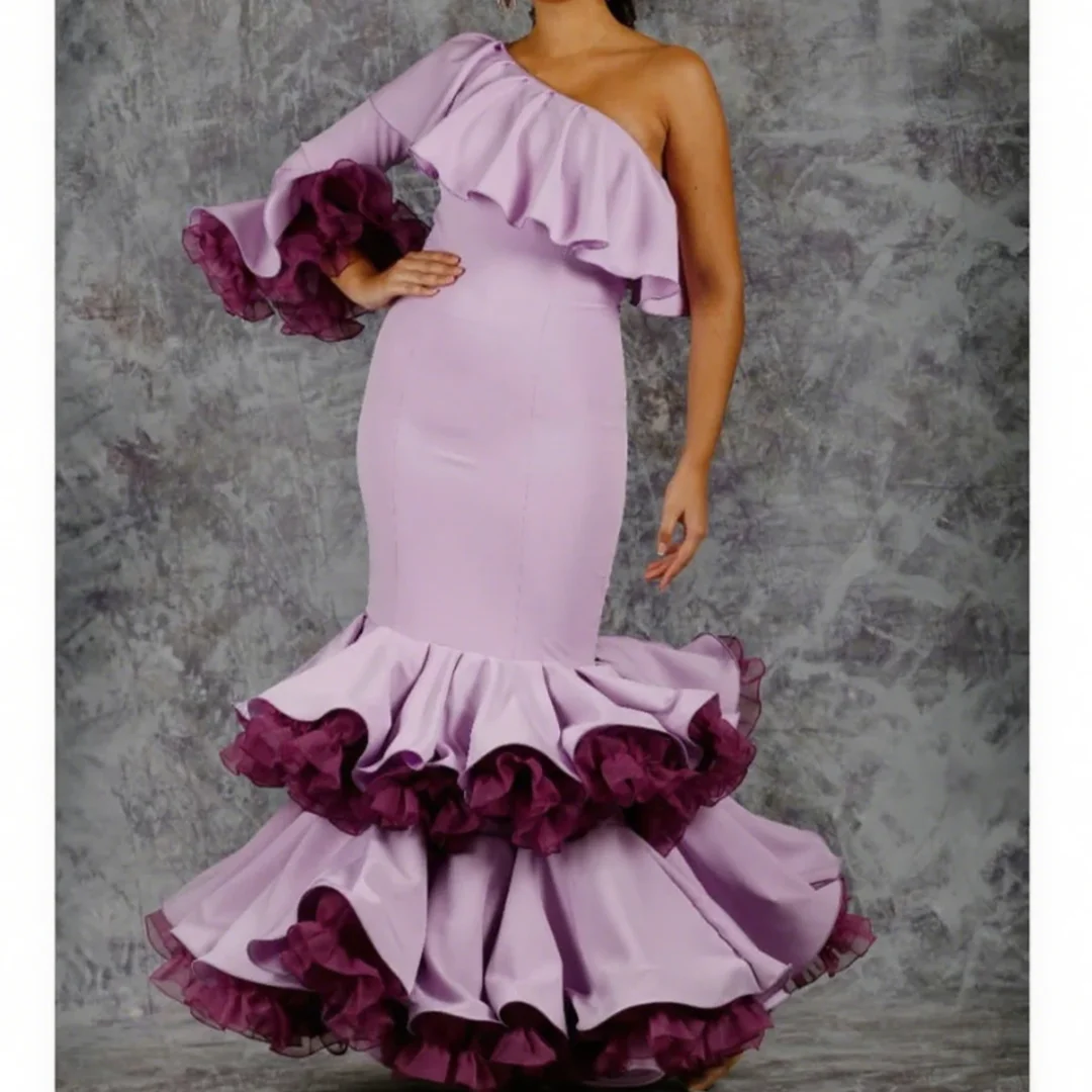 Abiti da ballo chic eleganti a maniche lunghe Abito da ballo flamenco monospalla rosa con abito da sera femminile svasato