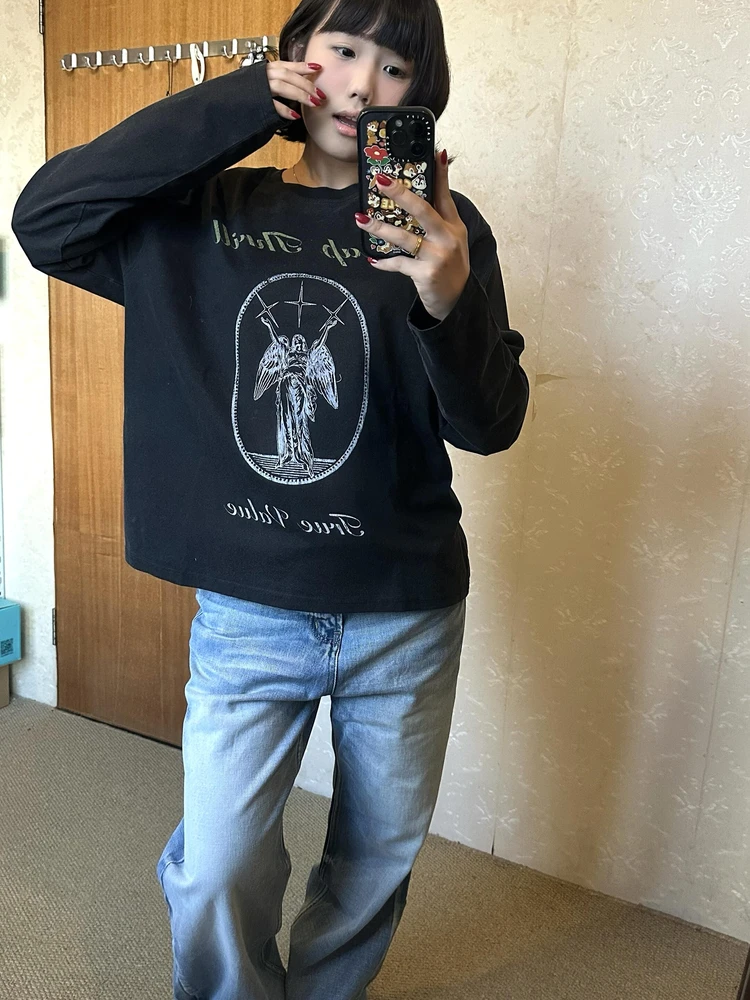 레트로 아메리칸 스트리트 스타일 여성용 롱 슬리브 티셔츠 순면 워싱 프린트 루즈핏 가을 신상품