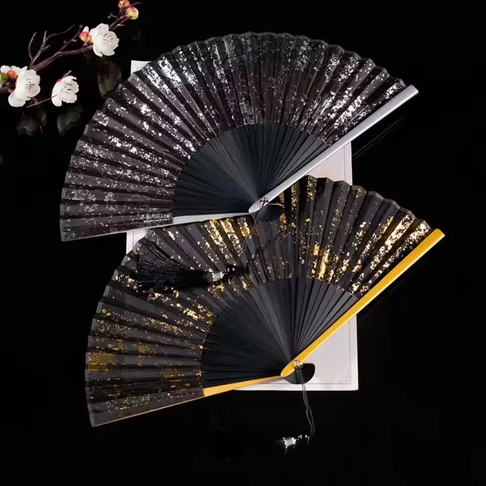 

Hand Fan For Women Classical gold Baking Lacquer Folding Fan Bamboo Chinese Fan Silk Hand Fans with Tassels Dance Fan Luxury
