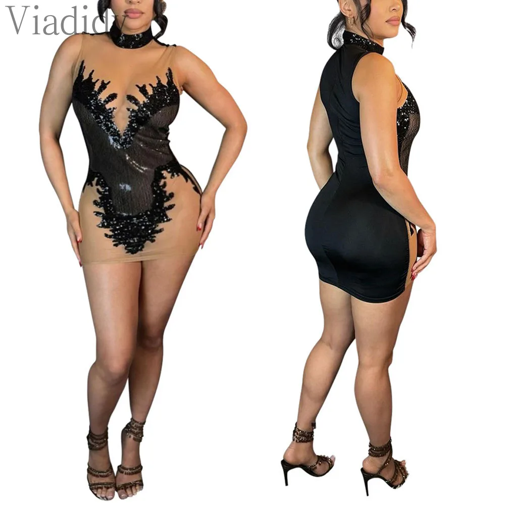 Mulheres sexy cor sólida ver através de malha transparente sem mangas lantejoulas decoração mini vestido