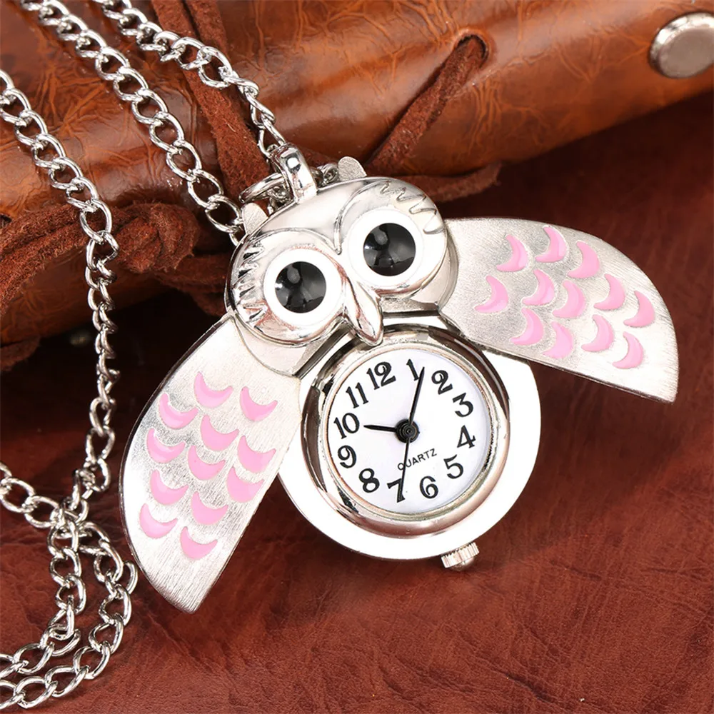 Tiny Cute Bronze/Silver Vintage Night Owl Quartz Pocket Watch Necklace Pendant Clock Gift for Kids Women