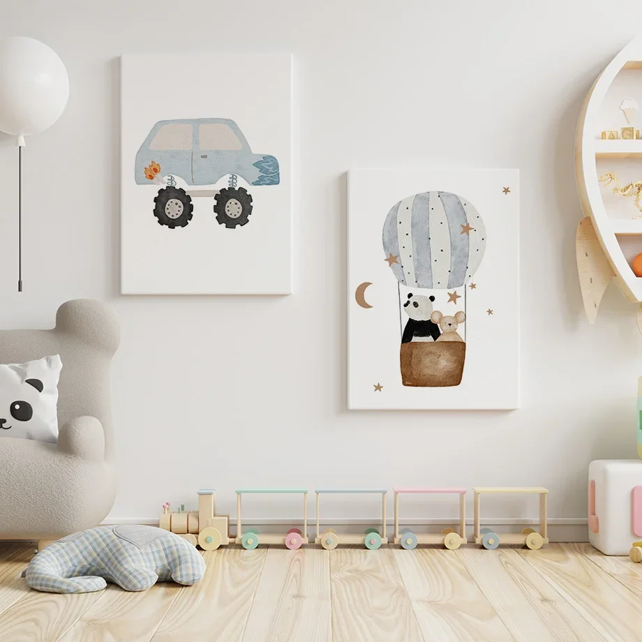 Boho Cartoon Farm Car Posters Print Fox Bear Panda Balloon Mouse Flower Wild Boar Canvas Painting Wall Art Baby Kids Room Decor