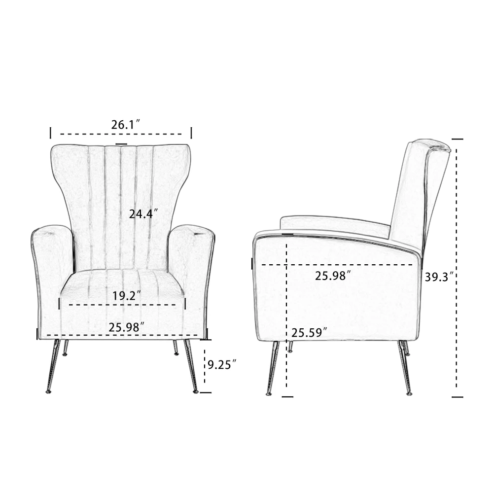 كرسي مخملي، كرسي بذراعين على شكل جناح مع أرجل ذهبية، أريكة مفردة منجدة لغرفة المعيشة وغرفة النوم، أبيض