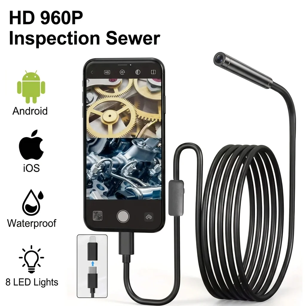 HD 960P Endoscope Camera for iPhone Android Dual Port Waterproof Borescope Inspection Camera for Car Sewer Pipeline