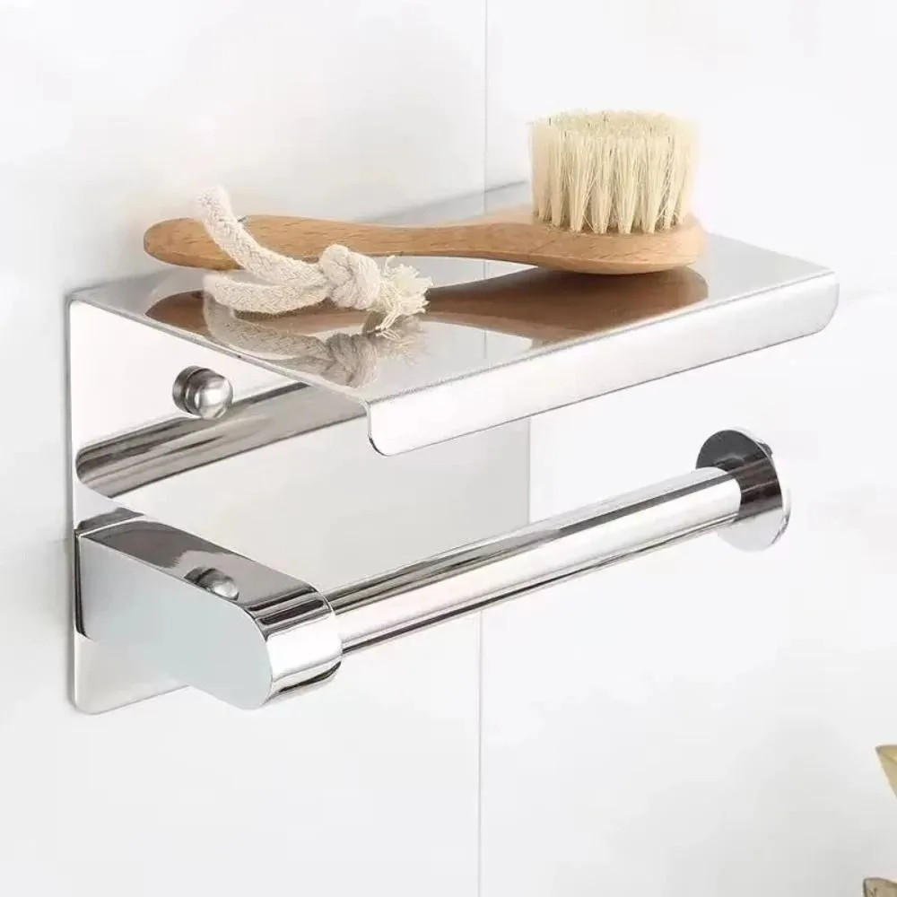 

Stainless Steel Toilet Paper Holder with Phone Holder Anti-corrosion Paper Towel Stand Storage Organizer Wall Mounted