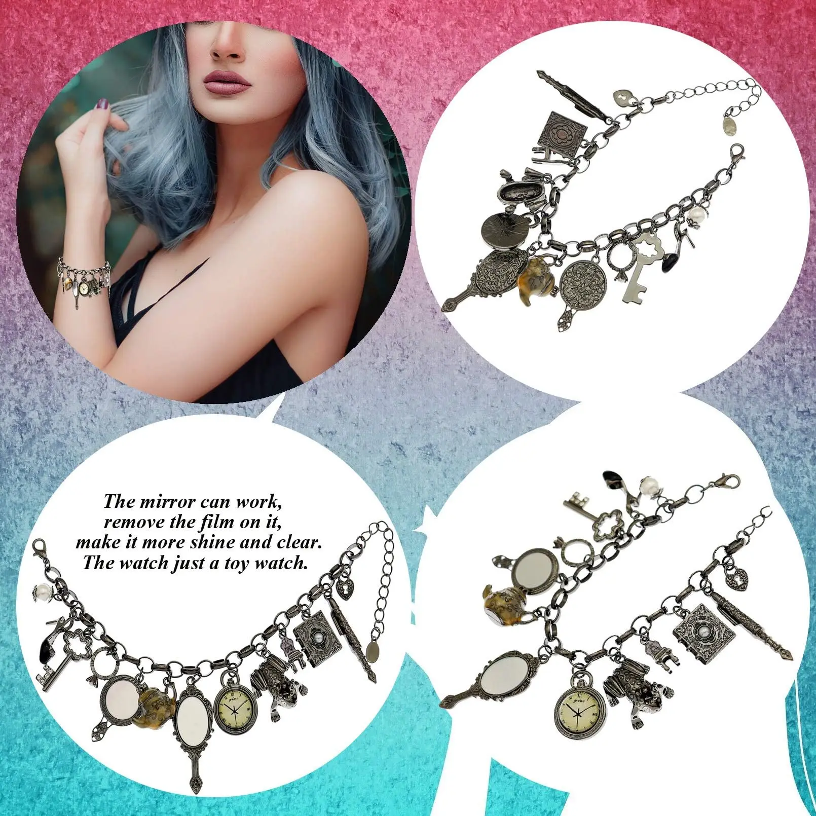 Vintage Spiegel Frosch Uhr Stuhl Wasserkocher Stift Schlüssel Herz Anhänger Charms Armband für Frauen Retro Magischer Märchen-Armreif Schmuck – Detail 3