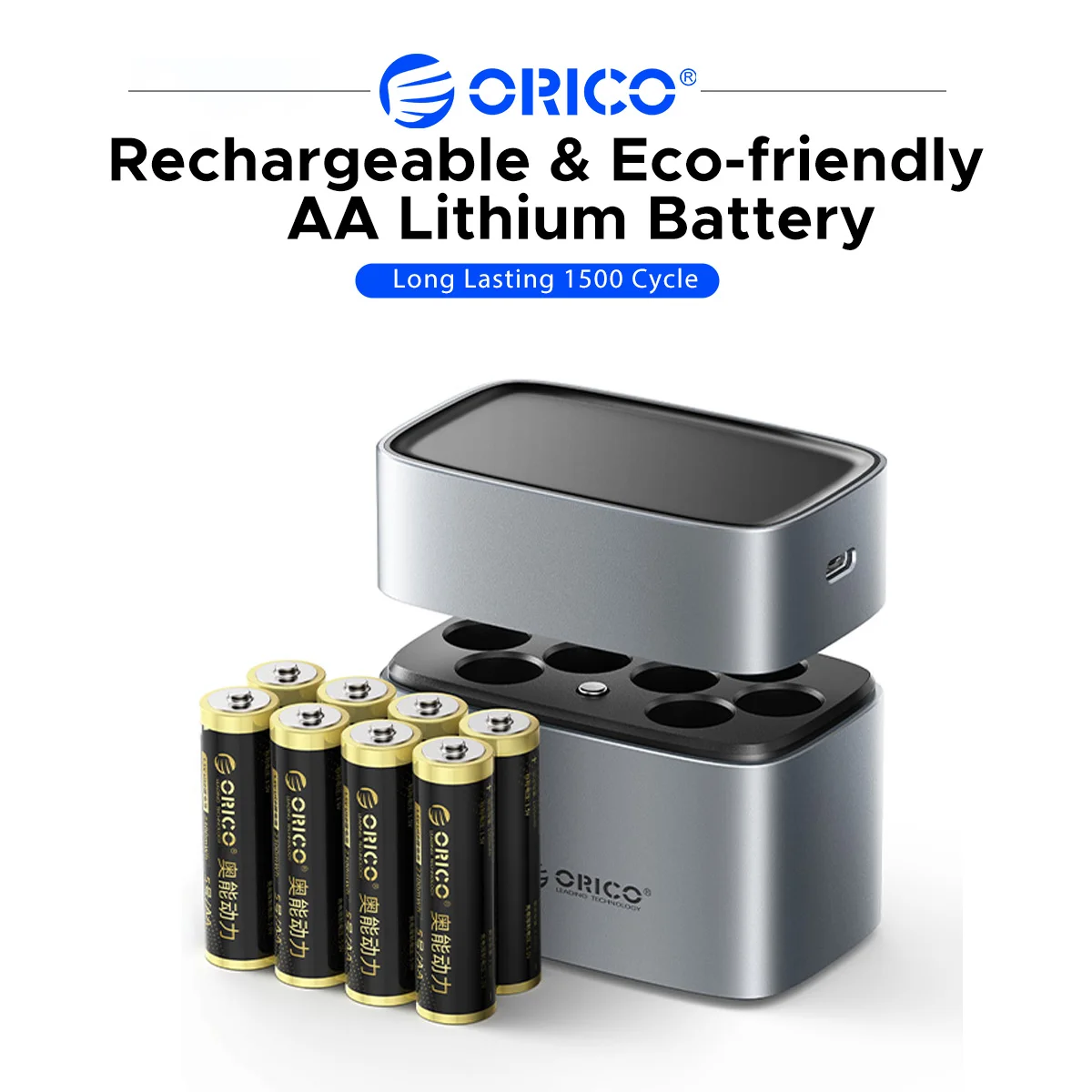 ORICO AA Rechargeable Lithium Battery USB-C Fast Charging Pod 2300mAh Long Lasting for 1500 Cycle for Toy Car Smart Lock Mouse