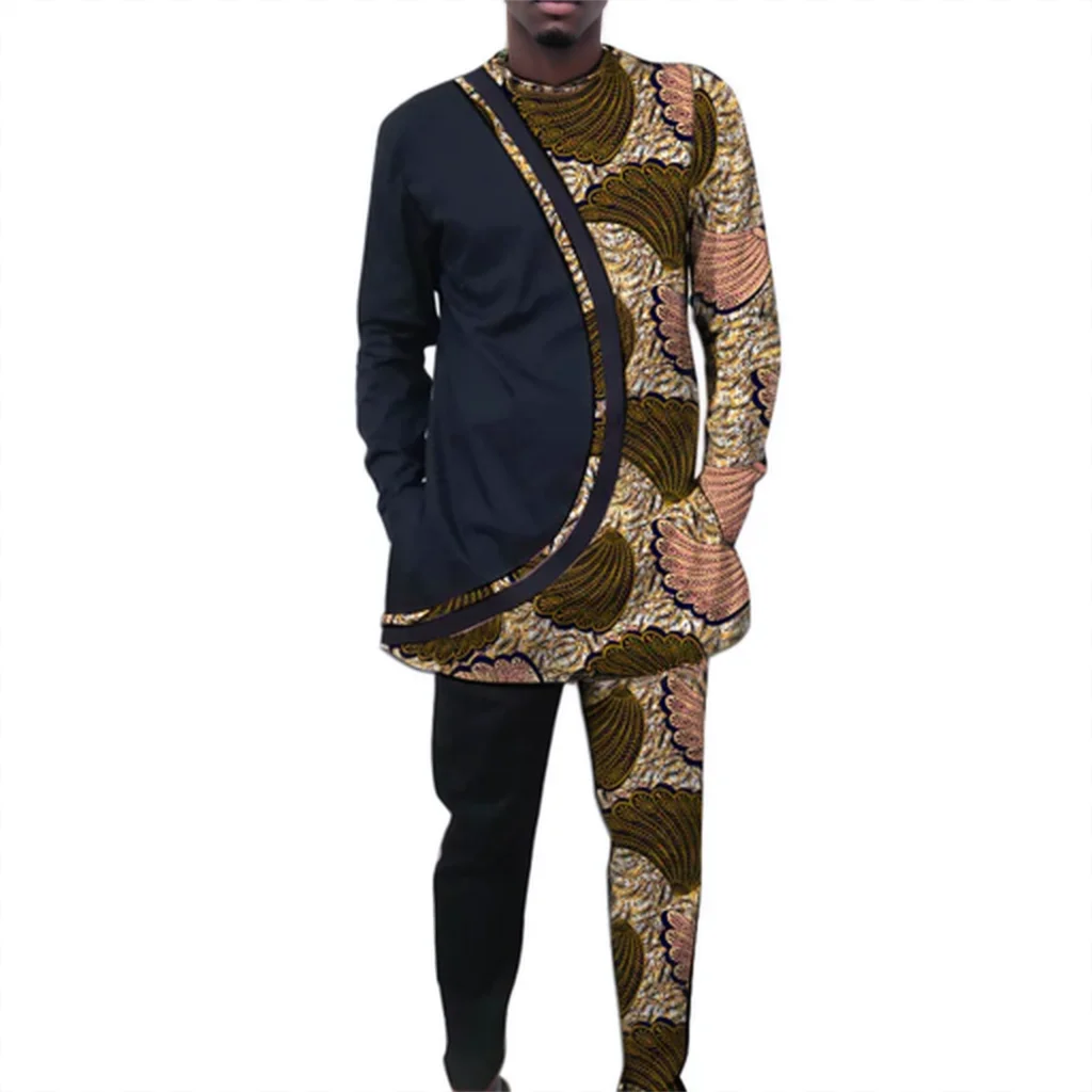 

Черный и восковой лоскутный мужской комплект, асимметричная рубашка, брюки с нашивками, наряд с африканским принтом, нигерийский мужской костюм жениха