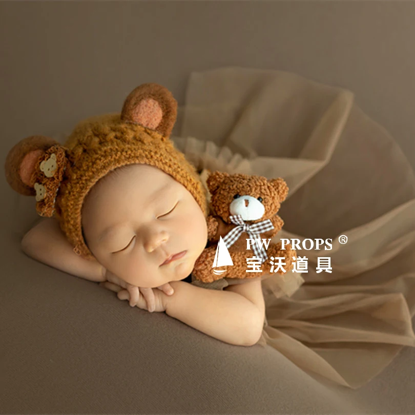 Newborn Knit Teddy Bear Bonnet And Toy Set Baby Photography Props Crochet Mohair Hat Filling Animal Doll Photography Accessories