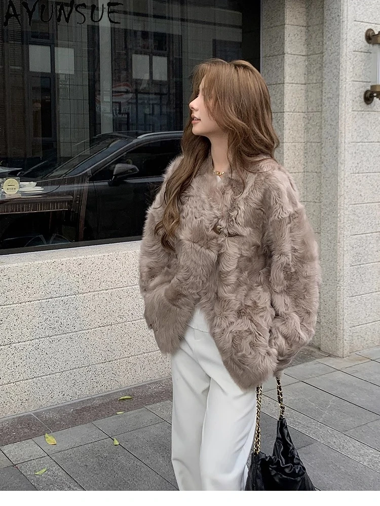 AYUNSUE 2025 New Shearling Jacket Woman 100% Natural Wool Jackets for Woman Clothes Luxury Short Loose Fur Jacket  Abrigo Mujer