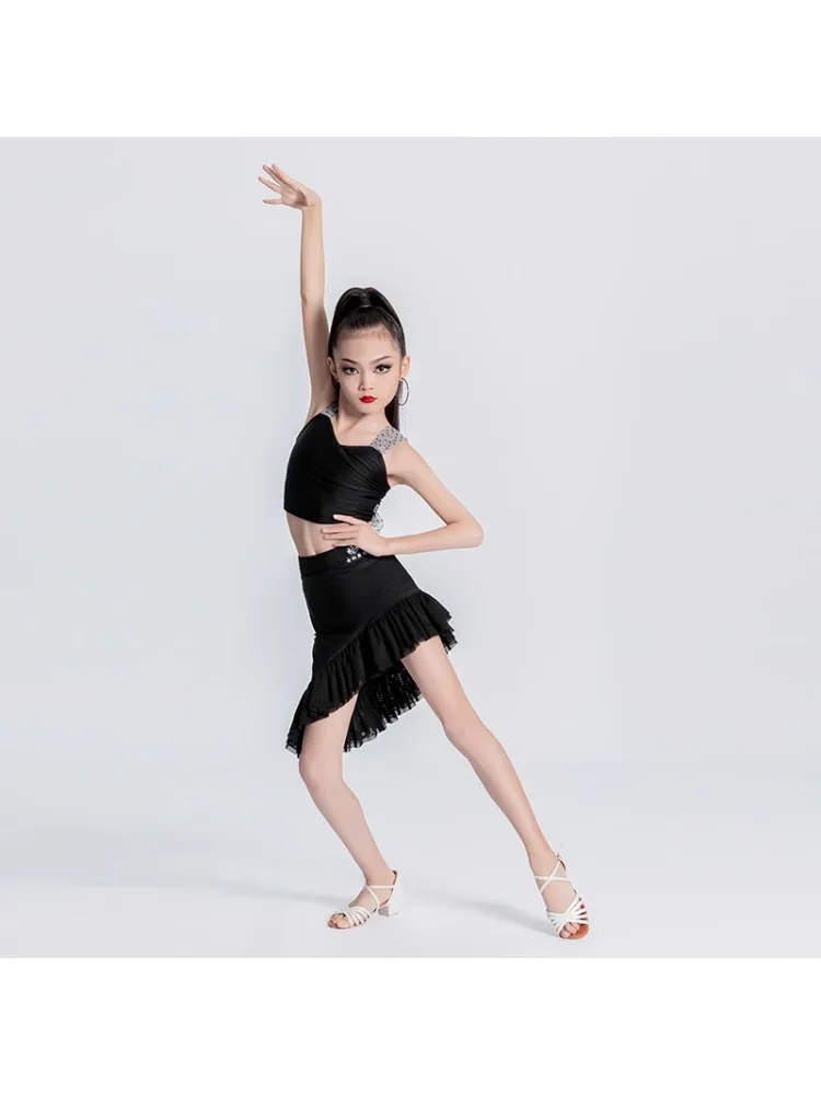 Vestito da ballo latino per ragazza, sala da ballo, costume da ballo per bambini, salsa, nero, per bambini, abiti da tango, abbigliamento per spettacoli teatrali