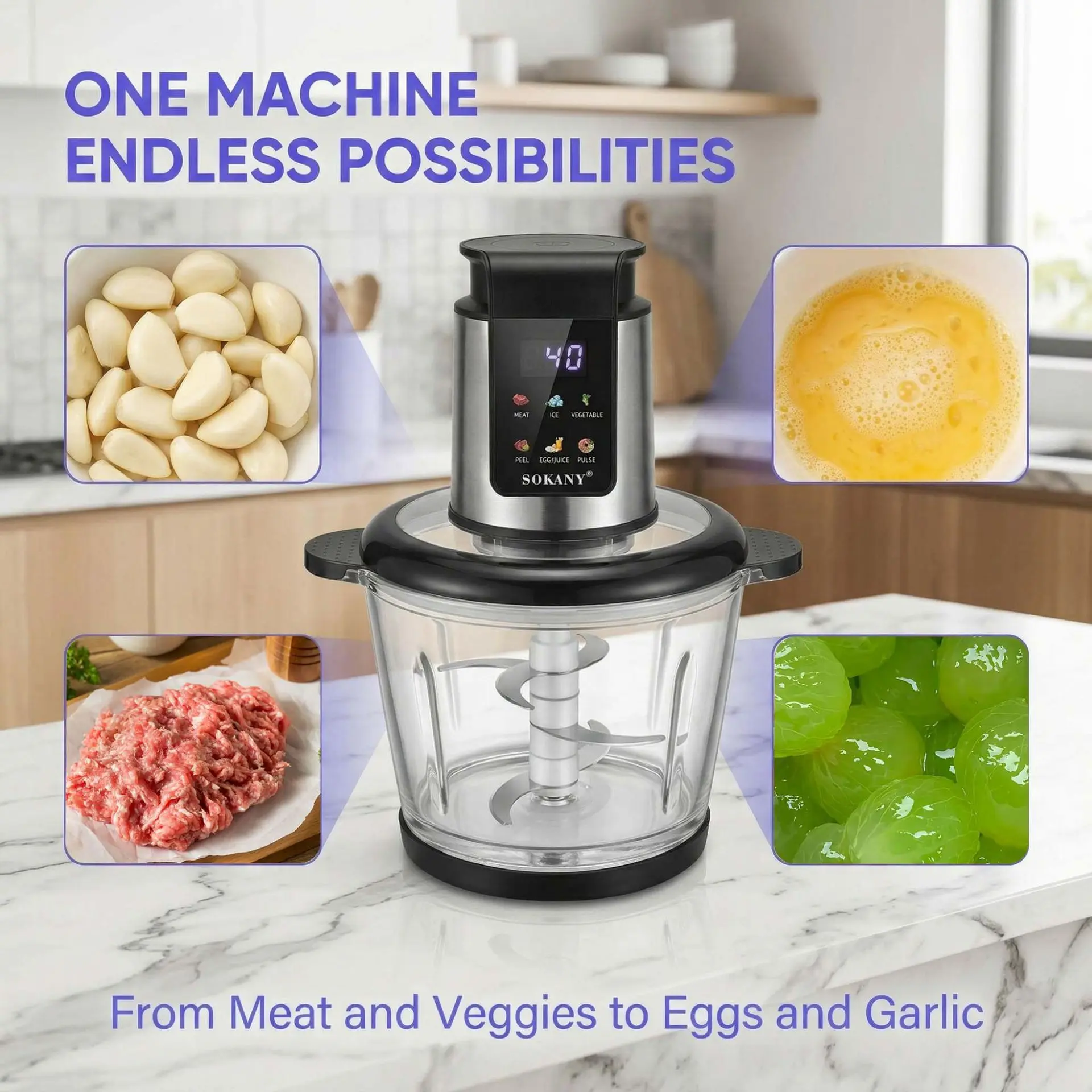 Cross-border 1000W Electric Meat Grinder Household 3-in-1 Pass Peeling Intelligent Timing Variable Speed Function Digital