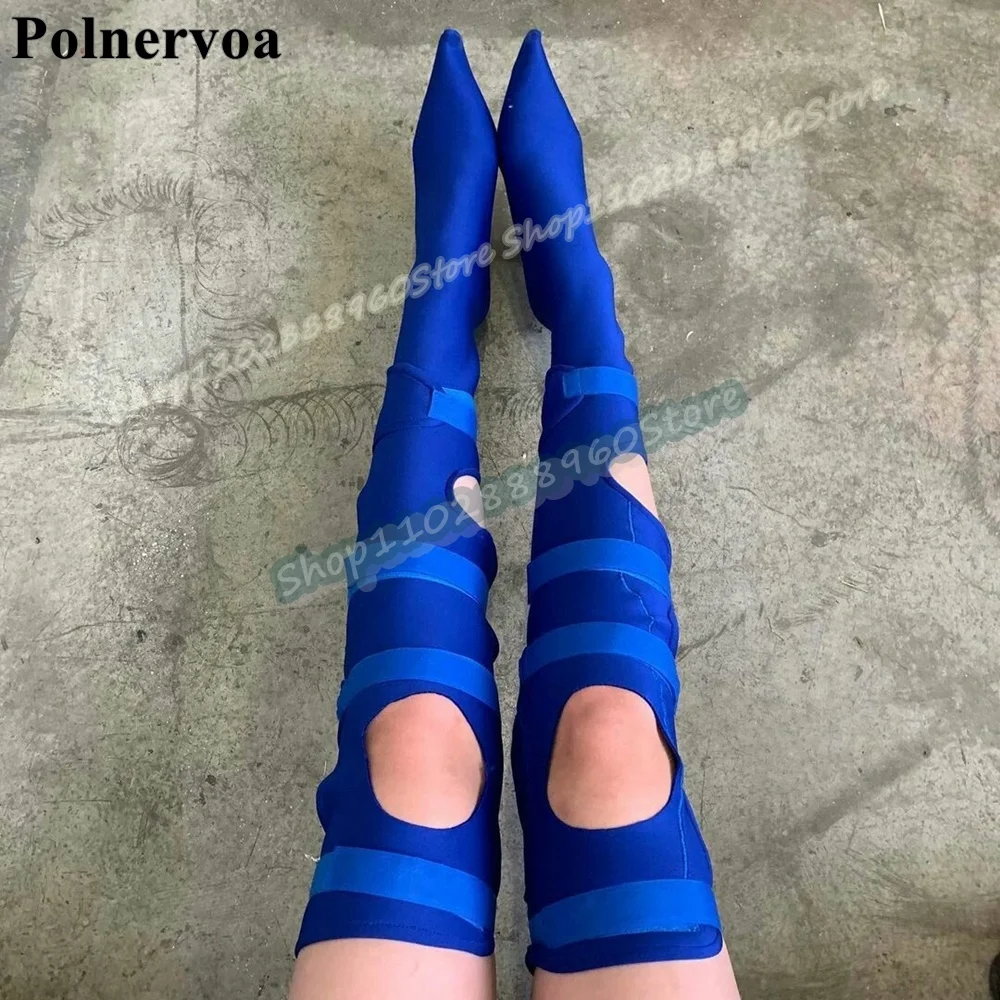 

Sexy Over The Knee Blue Elastic Pointy Boots Stilettos High Heel Shoes For Women Slip On Pointed Toe Trending Zapatos Para Mujer