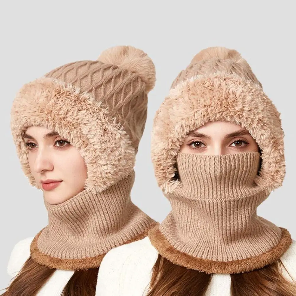 

Simple Plush Winter Cap Mask Set Windproof Thicken Warm 2in1 Scarf Hat Solid Color Ear Protection Balaclavas Hat Female Male