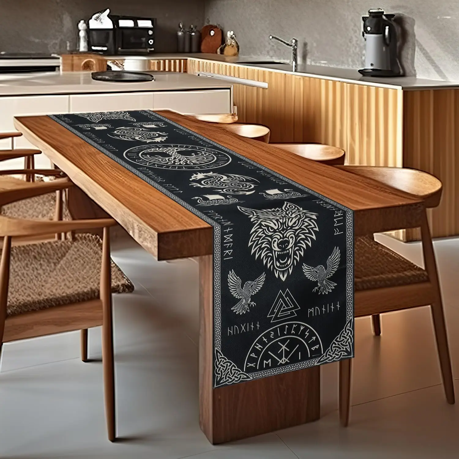 Viking Norse Mythology Tree Raven Linen Table Runner Dresser Scarf Table Decor Farmhouse Kitchen Dining Table Runner Party Decor