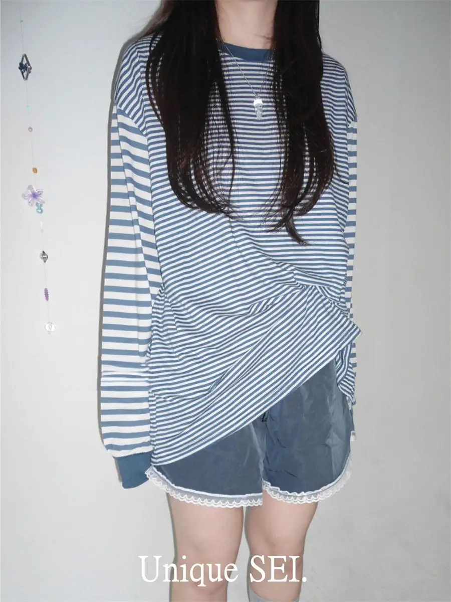 KUSAHIKI Korean Style Chic Striped Causal Round Neck Long Sleeved T-shirt Top 2024 Autumn New Girls Graphic T Shirts