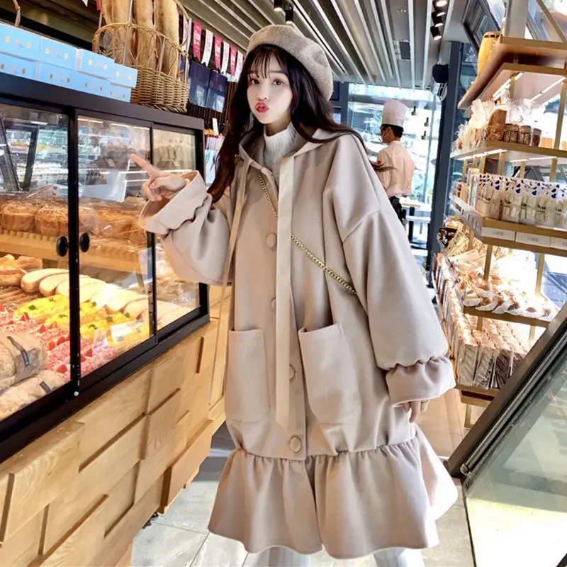 

2022 Korean Style Hooded Ruffled Long Woolen Coat Women Autumn and Winter Fashion Loose Solid Color Warm Cardigan Jacket Female