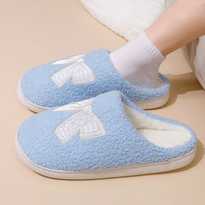 

Cartoon Bowknot Pattern Plush Slippers for Women Winter Warm Soft Fuzzy Cotton Shoes Woman Comfortable Flat Indoor Home Slippers