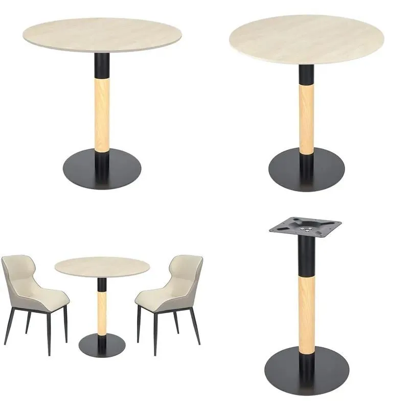 Modern Commercial Round Coffee Table Sintered Stone Top Wood Grain Metal Base