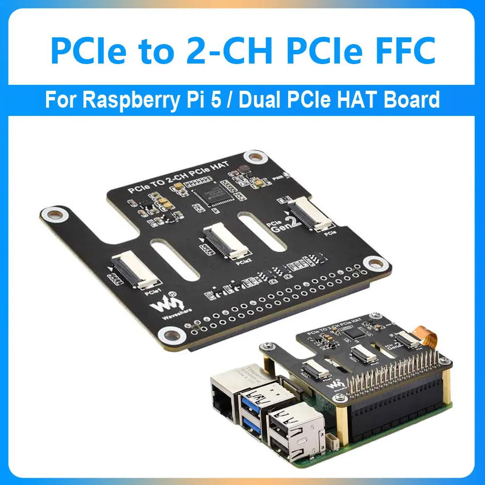 Raspberry Pi 5 PCIe to 2-CH PCIe FFC Dual PCIe HAT Expansion Board Pi5 Double 16PIN PCIe interface can stack for Raspberry Pi 5