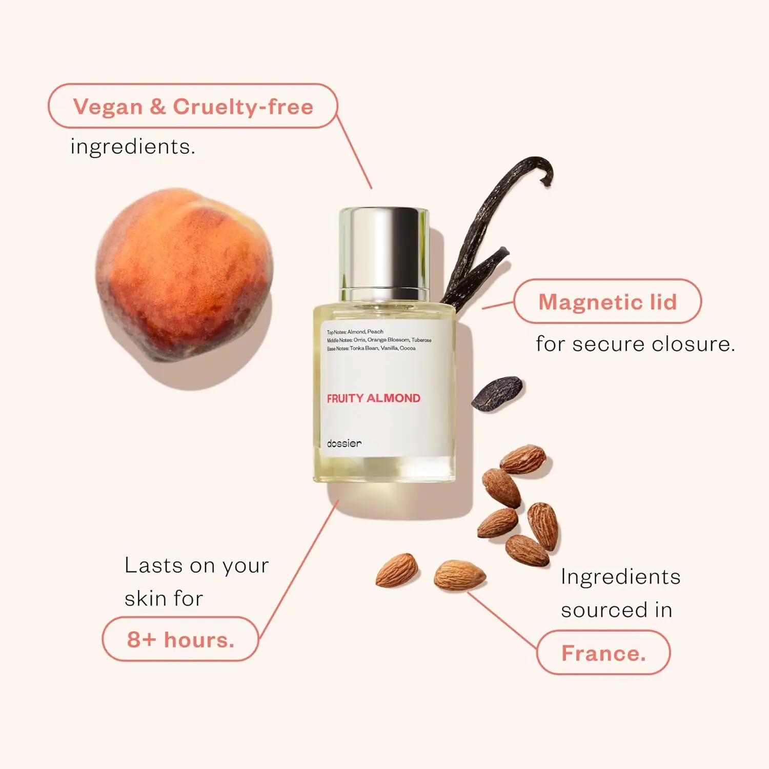 Dossier Fruity Almond Eau de Parfum | عطر نباتي جورماند للنساء، خالي من البارابين وخالي من القسوة، 1.7 أونصة #3