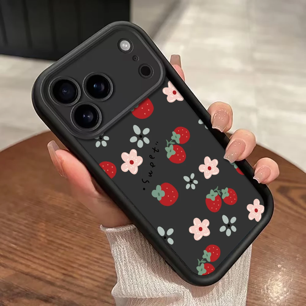 Erdbeer-Blumenmuster Handyhülle mit Trageriemen für iPhone 12 13 14 15 16 17 Pro Max 15 14 13 Plus 17E Stoßfeste Matte Silikonhülle – Detail 6