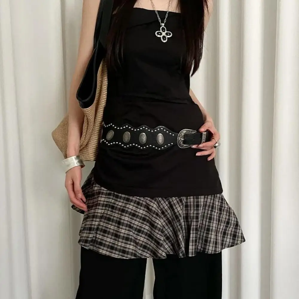 

Американский винтажный женский ремень Y2K из черной кожи с заклепками, готический ремень для платьев и джинсов, уличный стиль