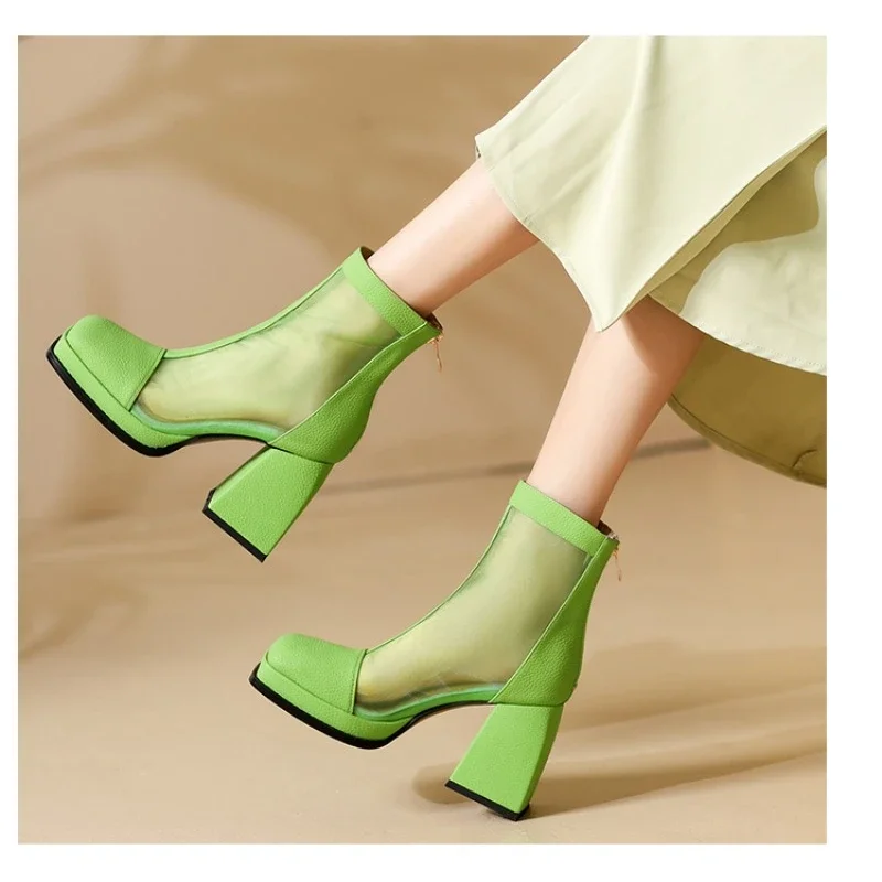 New Spring Summer Ankle Boots Breathable Mesh Women's Boots Fashion Chunky High Heels Versatile Femme Platform Botines Mujer
