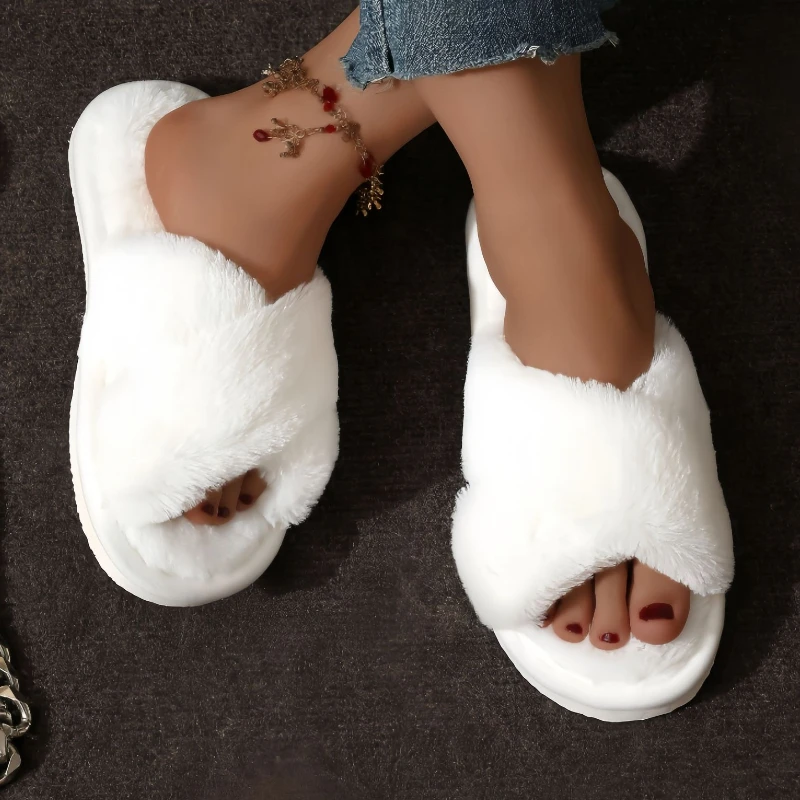 

Autumn New Fashion Cross Strap Fur Slippers Women Indoor Light Warm Plush Home Slippers Woman Faux Fur Flat Heel Couple Slides
