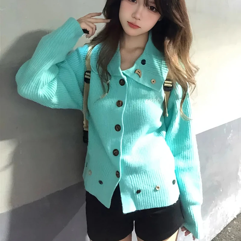 

Harajuku шикарный вязаный кардиган на пуговицах, женский милый повседневный свитер с длинными рукавами в консервативном стиле, корейский модный свитер, женская свободная студенческая верхняя одежда