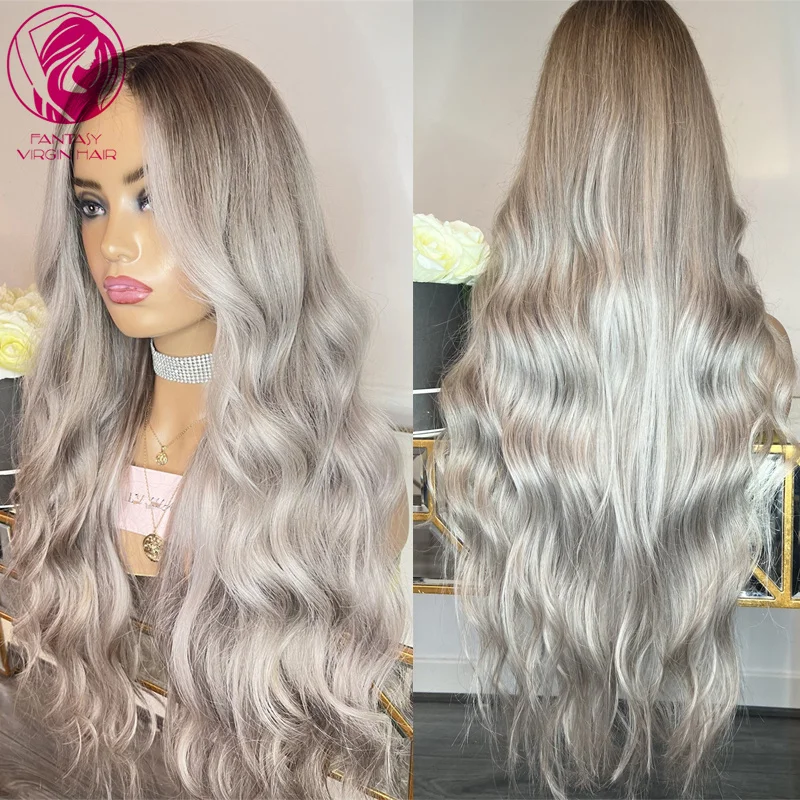 

HD Full Lace Wigs Human Hair Loose Body wave Silver Ashy Blonde Lace Frontal Wig 28inchs Long Women Ladies Lace Front Wig 13x6