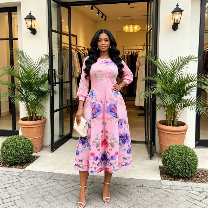 ANLAN Miyaki Pleated Women Pink Floral Print Midi Dress O-Neck Puff Three Quarter Sleeve Flare A Line Mid Length Dresses 2AN9613