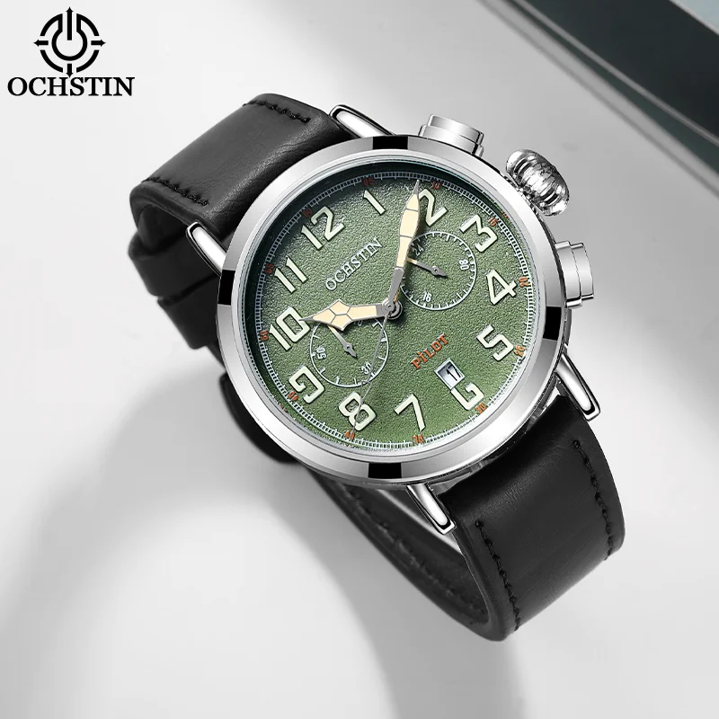 OCHSTIN Man Pilot Multifunctional Quartz Watch Features Alloy Case Men's GenuineLeather Strap Waterproof Male Wristwatch