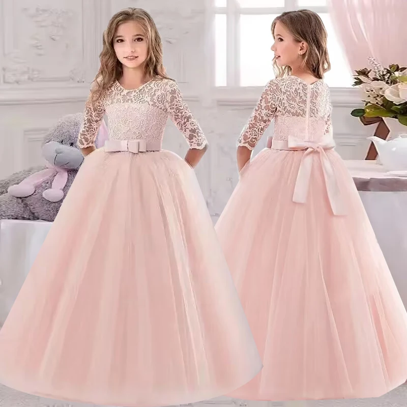 3-12 year old baby dress birthday party girl princess dress bow fluffy lace flower girl wedding dress girl elegant evening dress