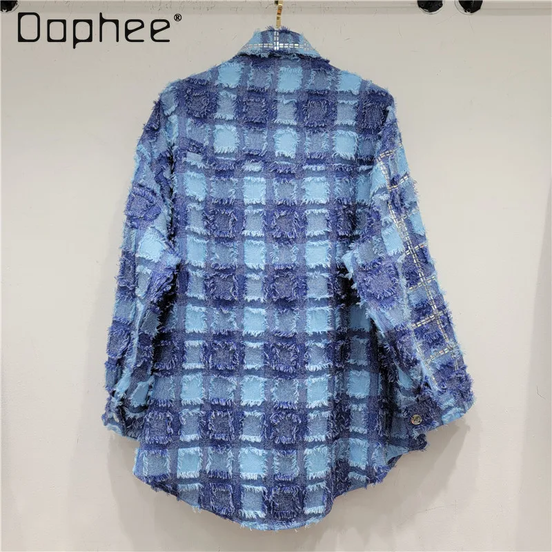 Loose Coloful Crystals Blue Plaid Jean Shirt 2024 New Women's Spring and Autumn Clothing Polo Collar Mid-length Denim Shirt