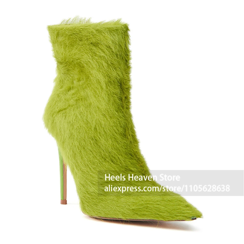 Bright Green Furry Faux Fur Upper Ankle Boots Full Fur Covered Shaft Stiletto Heel Boots Ultra Sharp Pointed Toe Sexy Party Boot
