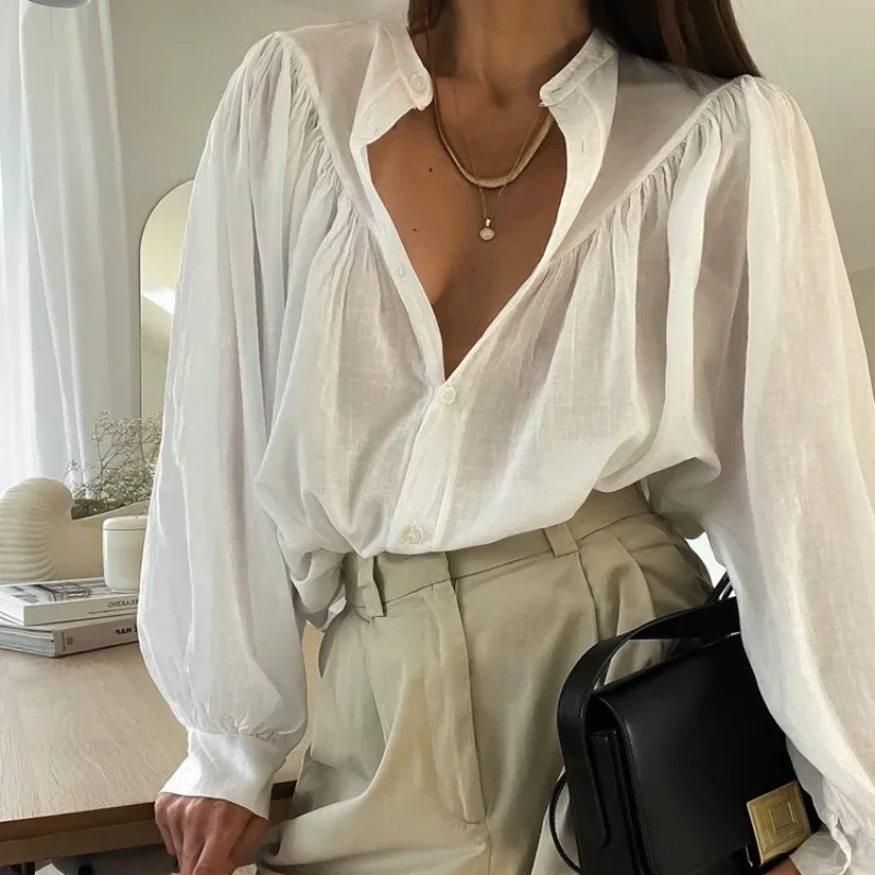 قميص أبيض عصري غير رسمي للنساء بياقة واقفة وأكمام طويلة سترة صوفية واحدة الصدر للخريف